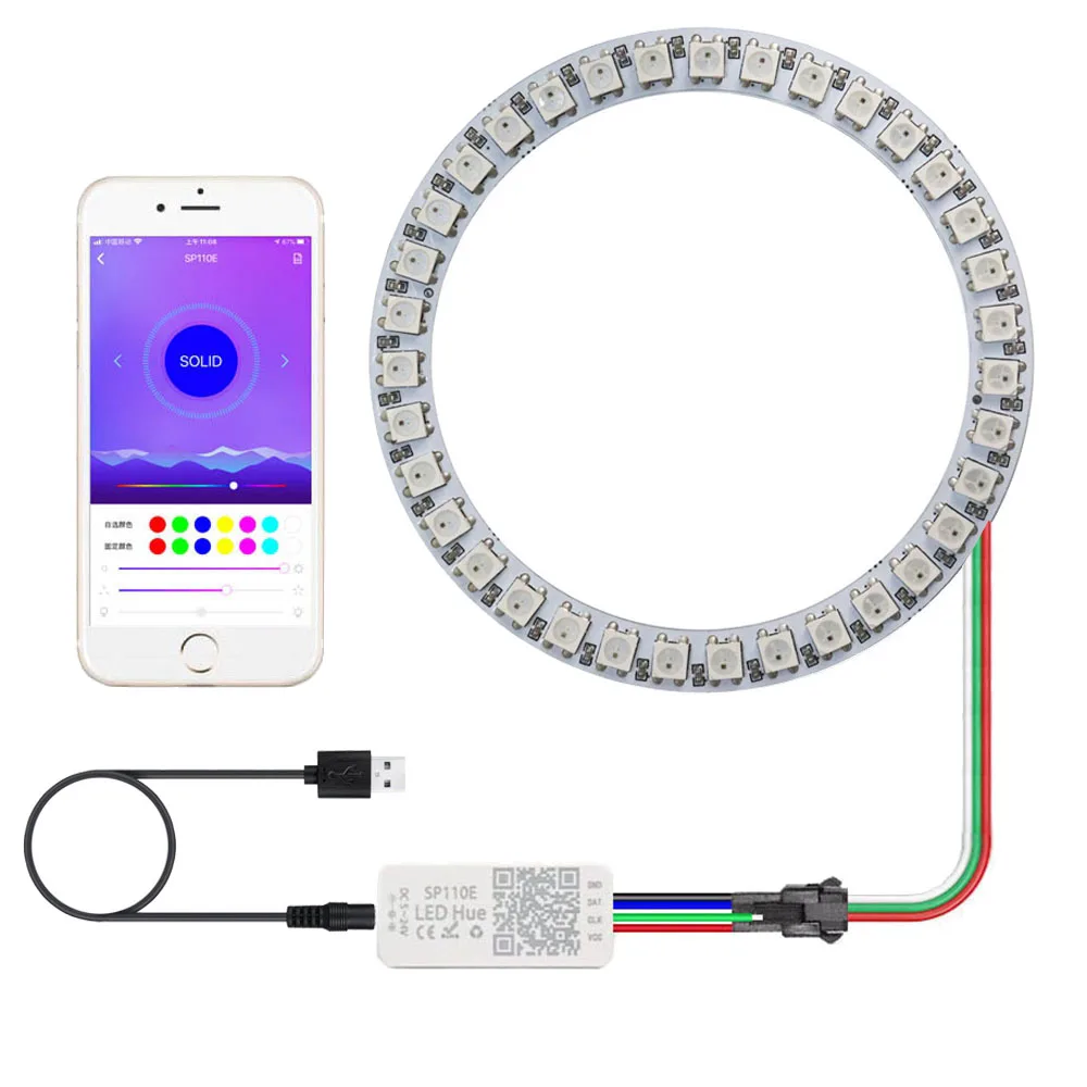 WS2812B LED Pixel Ring Controller, Kit USB, Endereçável individualmente, WS2812 IC, Luzes integradas, DC5V, SP110E, 8, 16, 24, 35, 45LEDs