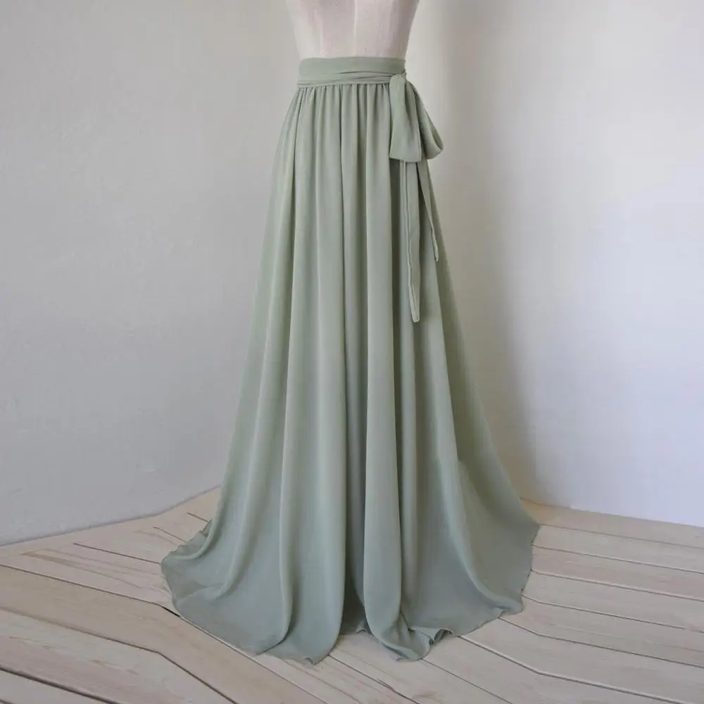 

Mint Sage Chiffon Skirt Women jupe femme Long Party Skirt Adults Maxi Skirt Sash Female Saia faldas