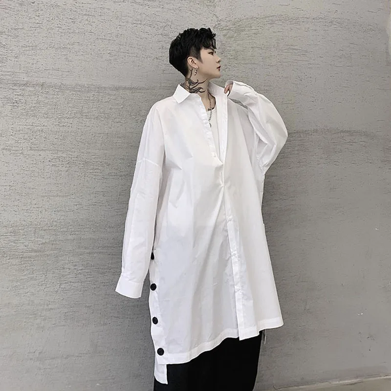 Men\'s new long sleeve loose large size casual button shirt Japanese street trend hip hop patchwork long dress shirt