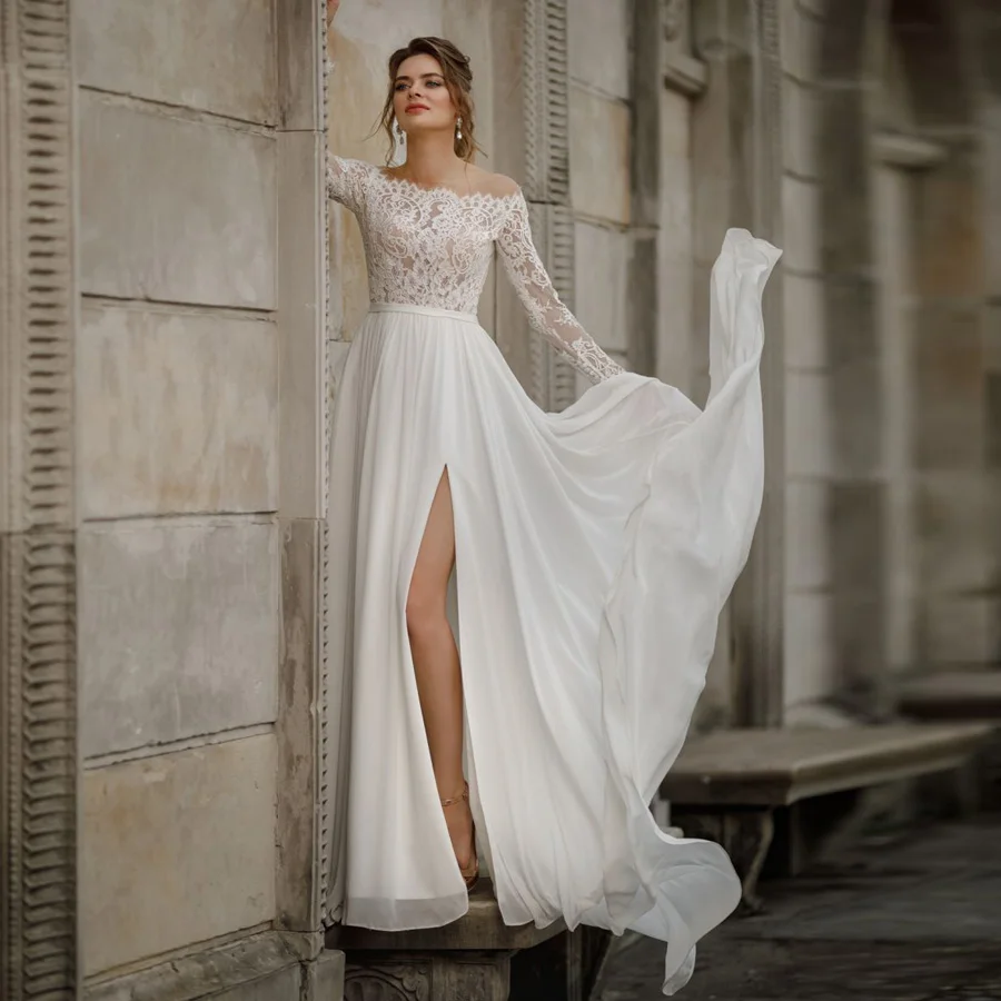 Sexy Boho Lange Ärmel Hochzeit Kleid 2020 Robe de mariee Vintage Spitze Top Side Slit Braut Kleid Chiffon Hochzeit Kleider