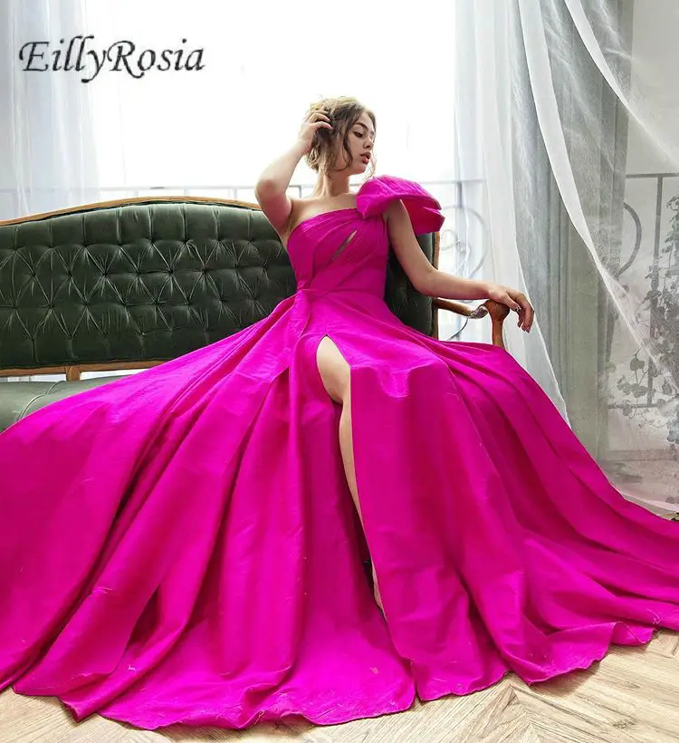 Fuchsia One Shoulder Prom Dresses Long High Split Satin Pleated A Line Floor Length Evening Party Gowns Vestidos De Festa