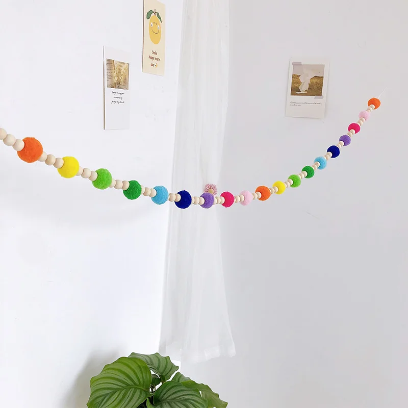 Scandinavian Wood Beads Pompom Ball Garland Wall Hanging String Ornaments Kids Girl Bedroom Nursery Room Baby Shower Decorations