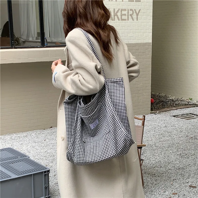 Women Woolen Canvas Bags Houndstooth Pattern Reversible Design Female Big Tote Handbag Casual Shoulder Shopping Bag For Ladies