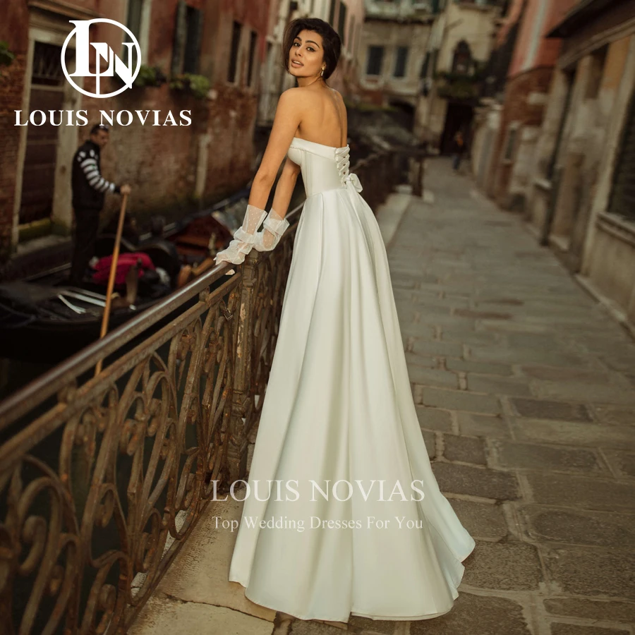 LOUIS NOVIAS ซาตินชุดแต่งงาน Elegant Vestidos De Novia Strapless A-Line ชุดเจ้าสาวแขนกุด Sheath ชุดเจ้าสาว