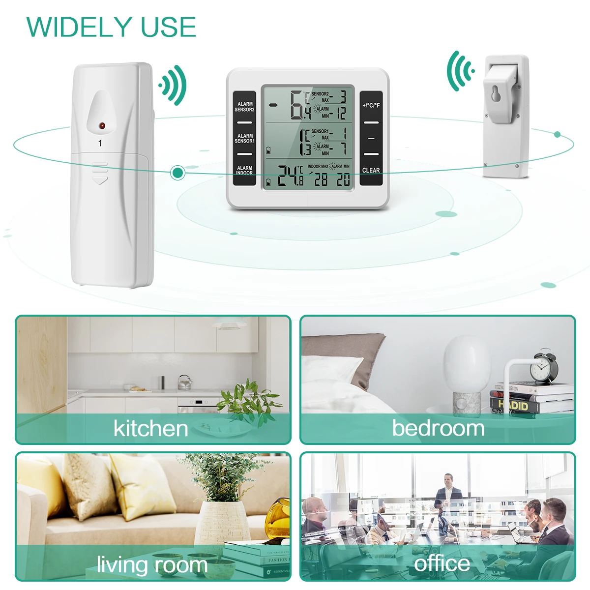 Digital Fridge Thermometer Wireless Freezer Thermometer with Indoor Temperature Monitor 2 Wireless Sensors Refrigerator Therm