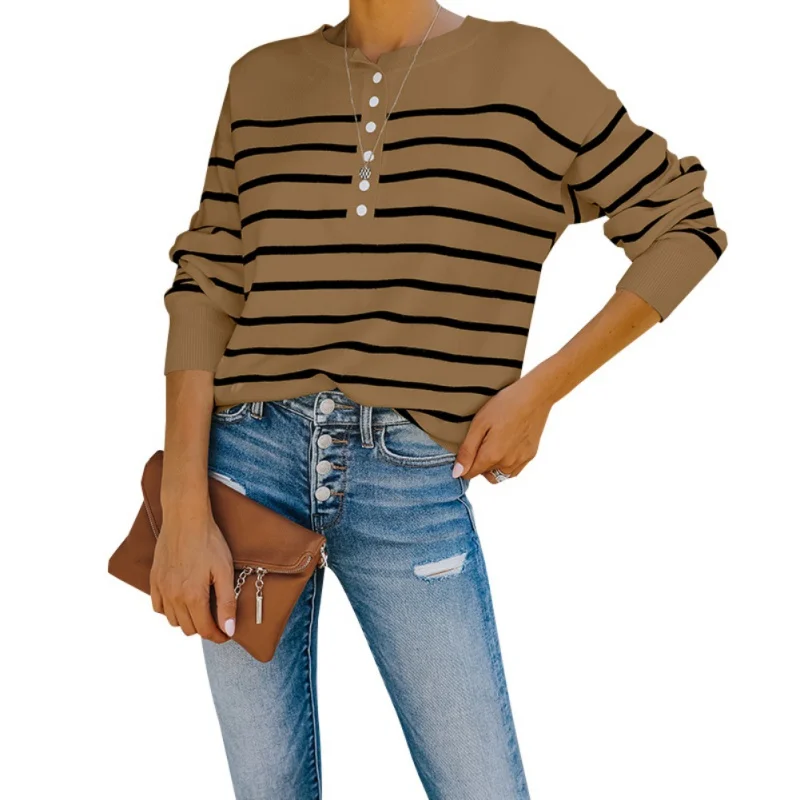 Autumn Women's Round Neck Ribbed Full-Sleeve Loose Striped Sweater Small Fresh Button Knitted Sweater Pullovers Top