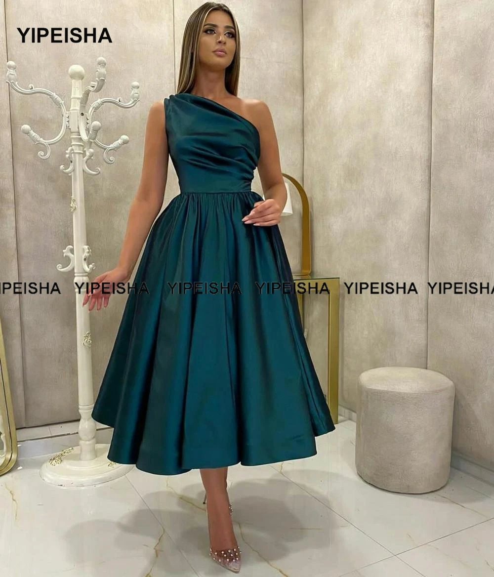 Yipeisha-vestido de fiesta de boda de satén, traje de un hombro, azul real, longitud de té, línea A, Burdeos, talla grande, Homecoming