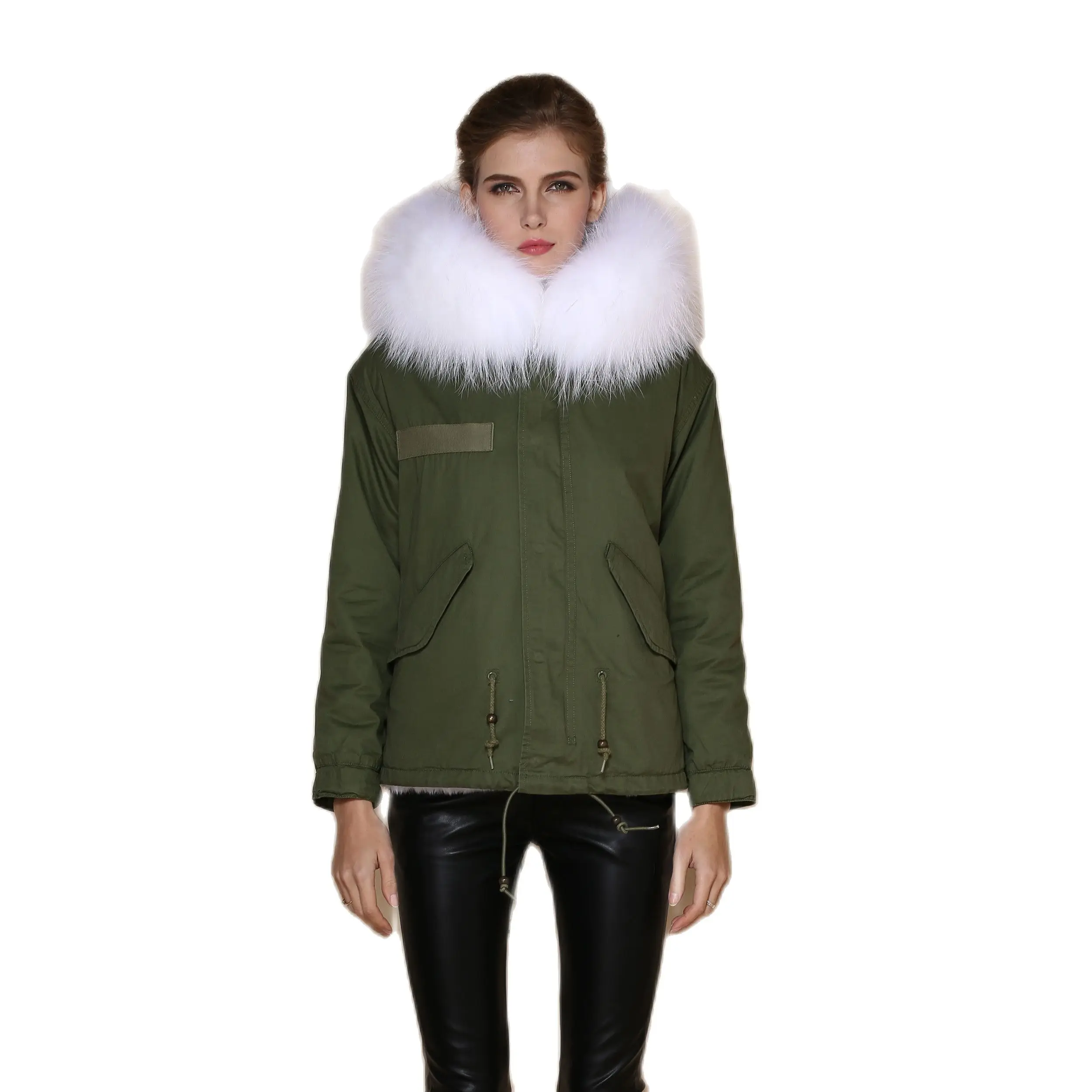 Hot Sale White Faux Fur Lined Parka Winter Short Coat For Women With White Raccoon Fur Collar