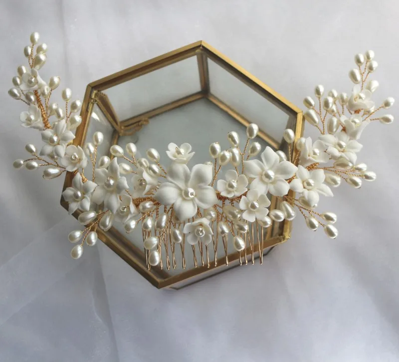 White Ceramic Flower Hair Comb Bridal Crown Pearls Jewelry Handmade Wedding Headpiece Fashion Women Hairpiece