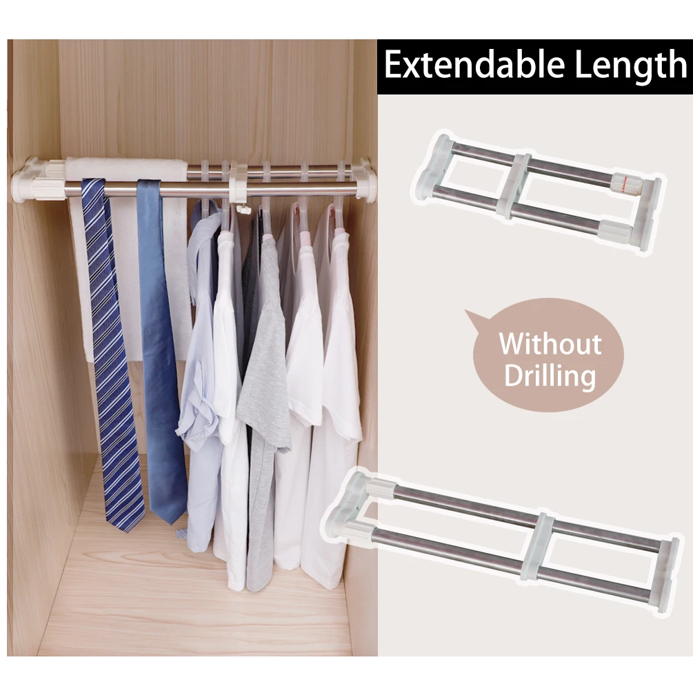 70-120cm Stainless Steel Double Closet Tension Rod Hanging Rail Extendable Cabinet Divider Shelf Clothes Shoes Holder Book Rack