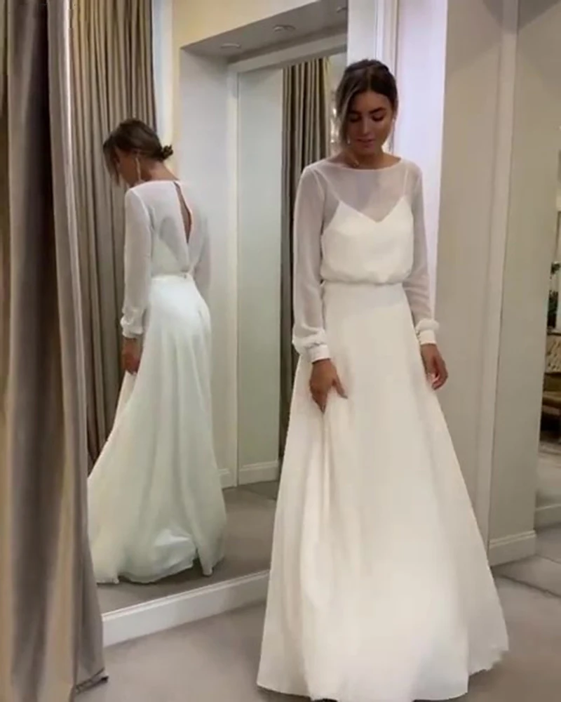 

MYYBLE Bohemian Simple Long Sleeves Wedding Dress A Line Open Back Modest Plus Size Custom Made Women Chiffon Bridal Gowns