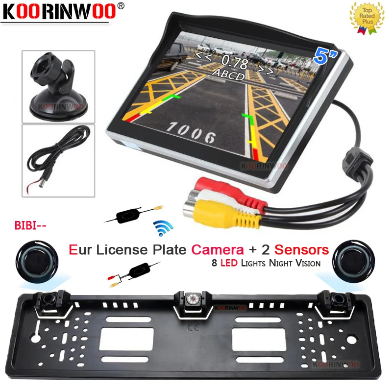 

Koorinwoo Eur License Plate Camera Wireless radar detector 5"Monitor Parktronics for cars Parking Sensors without wire Rear view