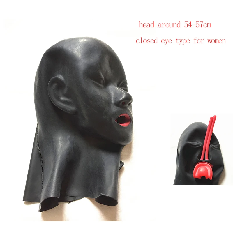 0.6mm Mould Full Head Latex Mask Fetish Open Closed Eye Rubber Hood with Red Mouth Teeth Lip Sheath Tongue Nose Tube 54-57cm