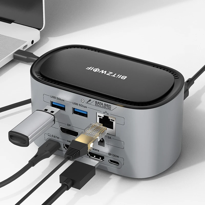 BlitzWolf BW-TH12 14-in-1 Docking Station Multiple Port USB Hub with M.2 SATA 3.0 NGFF SSD Enclosure HD 4K USB 3.0 1000Mb/s RJ45