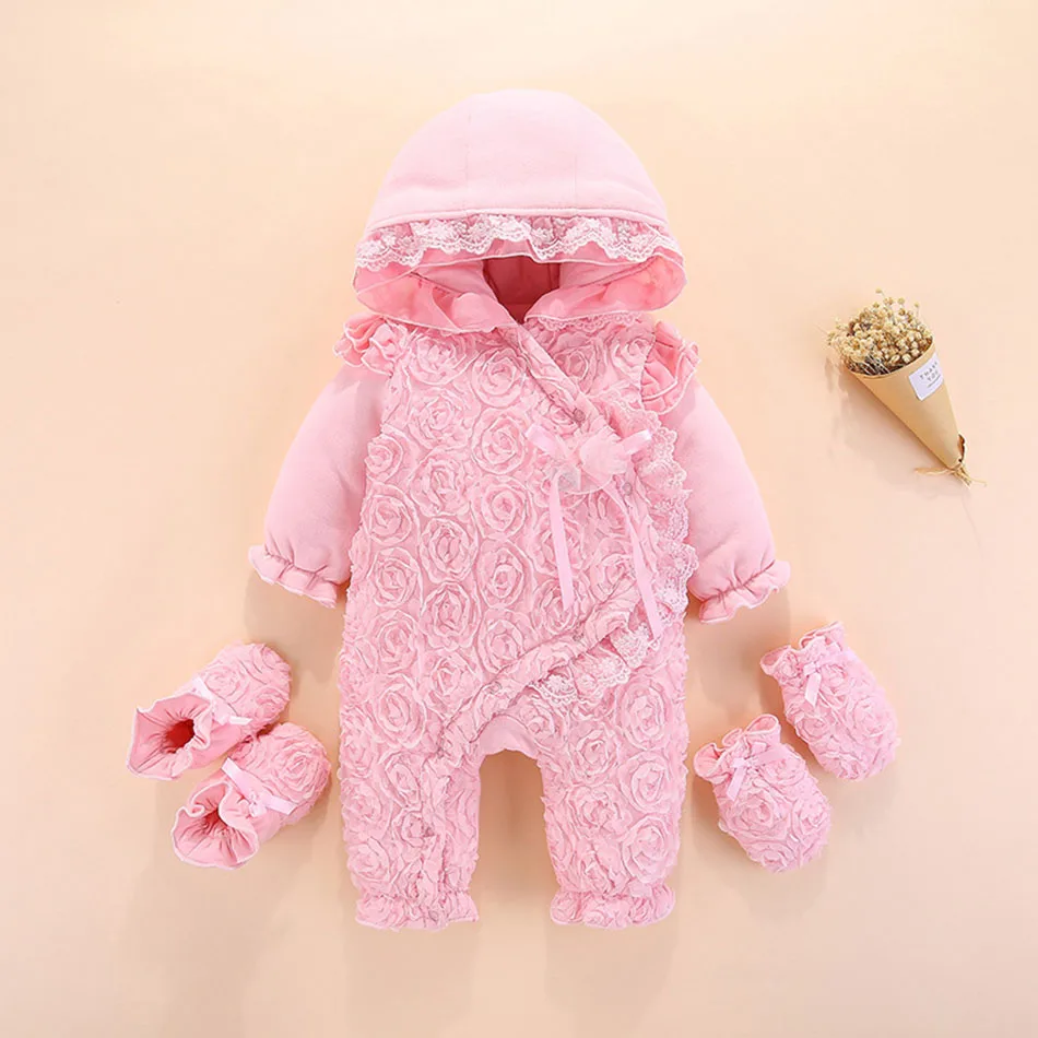 Baby Hooddied Jumpsuit 0 3 6 9 Months Infant Romper Newborn Baby Girl Clothes Fall Cotton Lace Princess Style Socks Headband rop