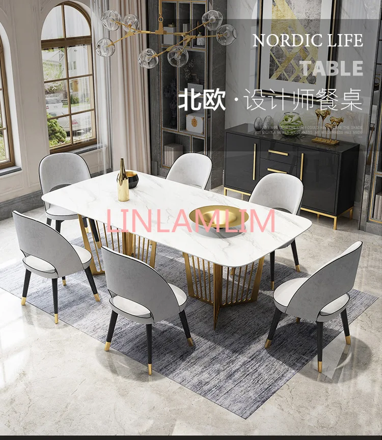 

Stainless steel Dining Room Set Home gold minimalist modern marble dining table and 6 chairs mesa de jantar muebles comedor