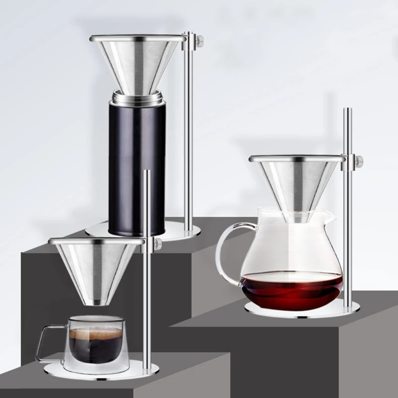 Adjustable Stainless Steel Coffee Maker Station Stand with Double Filter Freestanding Drip Cone Brewer Dropship