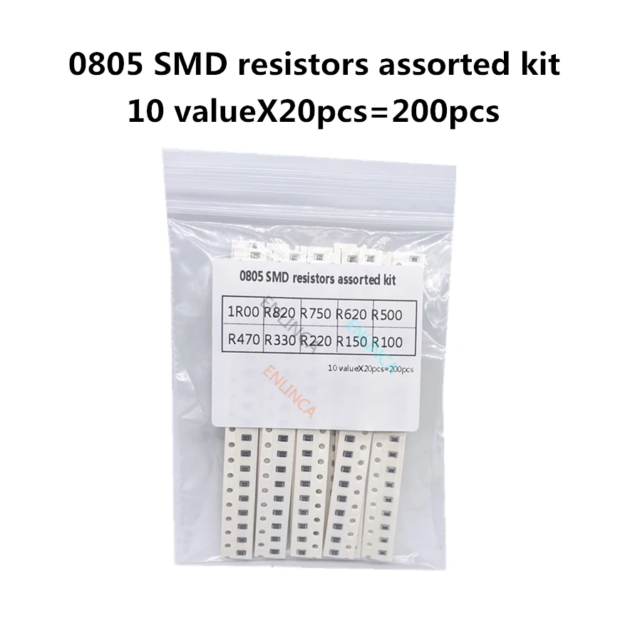 Kit surtido de resistencias SMD, 200 piezas, 1%, 0805, 10 unidades = 200 piezas, 1R00, R820, R750, R620, R500, R470, R330, R220, R150, R100