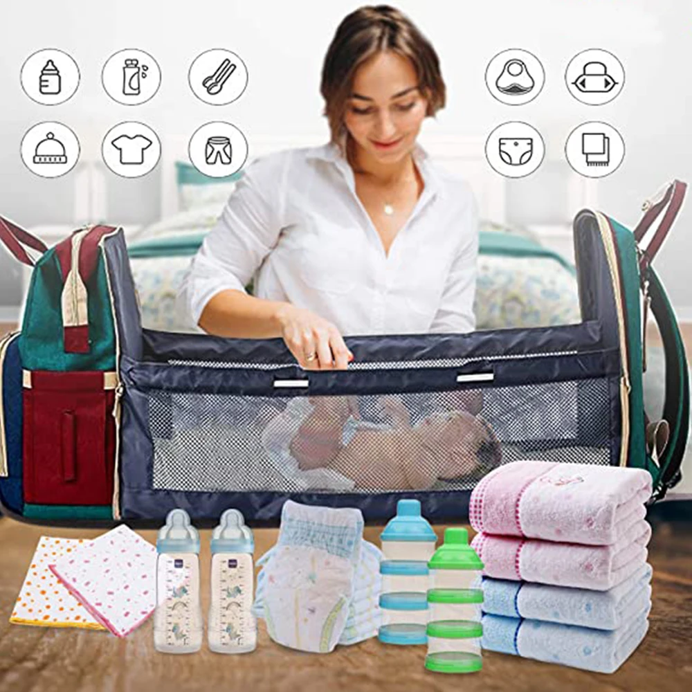 3 in 1 Nappy Diaper Bag with Extendable Folding Crib, Large Capacity Travel Baby Bed Bags for Mom Outing/Shopping, Portable Bag