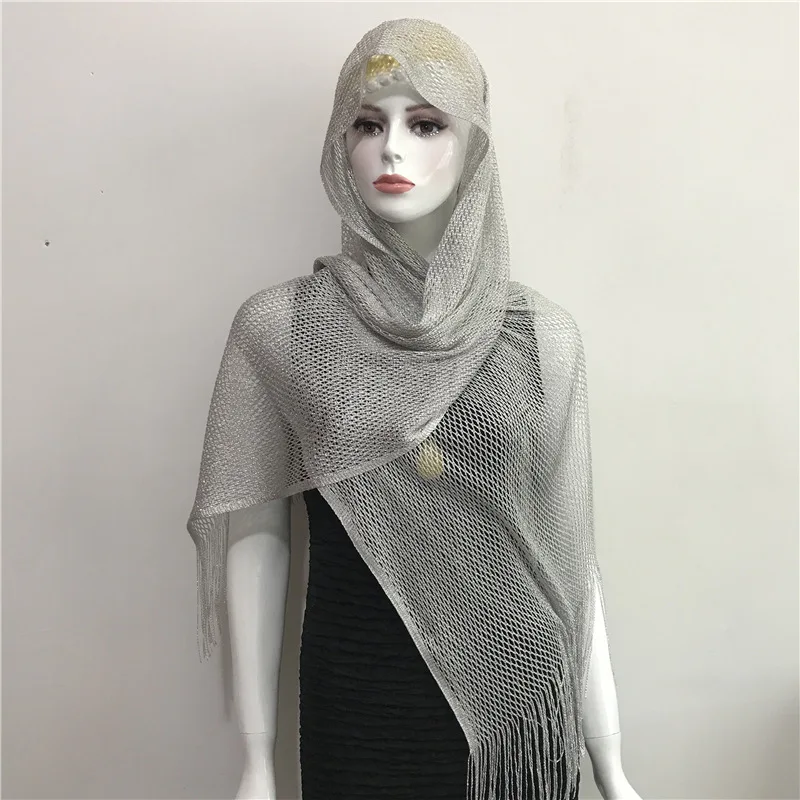 Bright Silk Hollow Mesh Fringed Shawl Female Spring Summer Polyester Scarf Multi-Purpose Turban Casual Fashion Thin Scarves