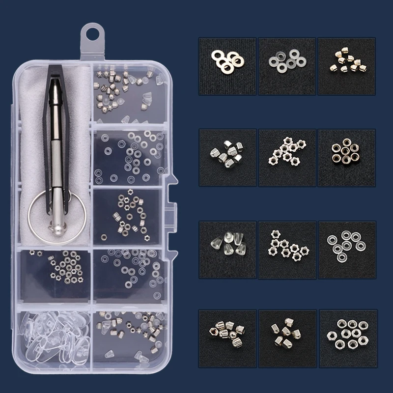 Eyeglass Glasses Repair Kit, Small Screws Nuts Washers with Nose Pads Screwdrivers Tweezer for Sunglasses, Watch, Jewelry Fixing