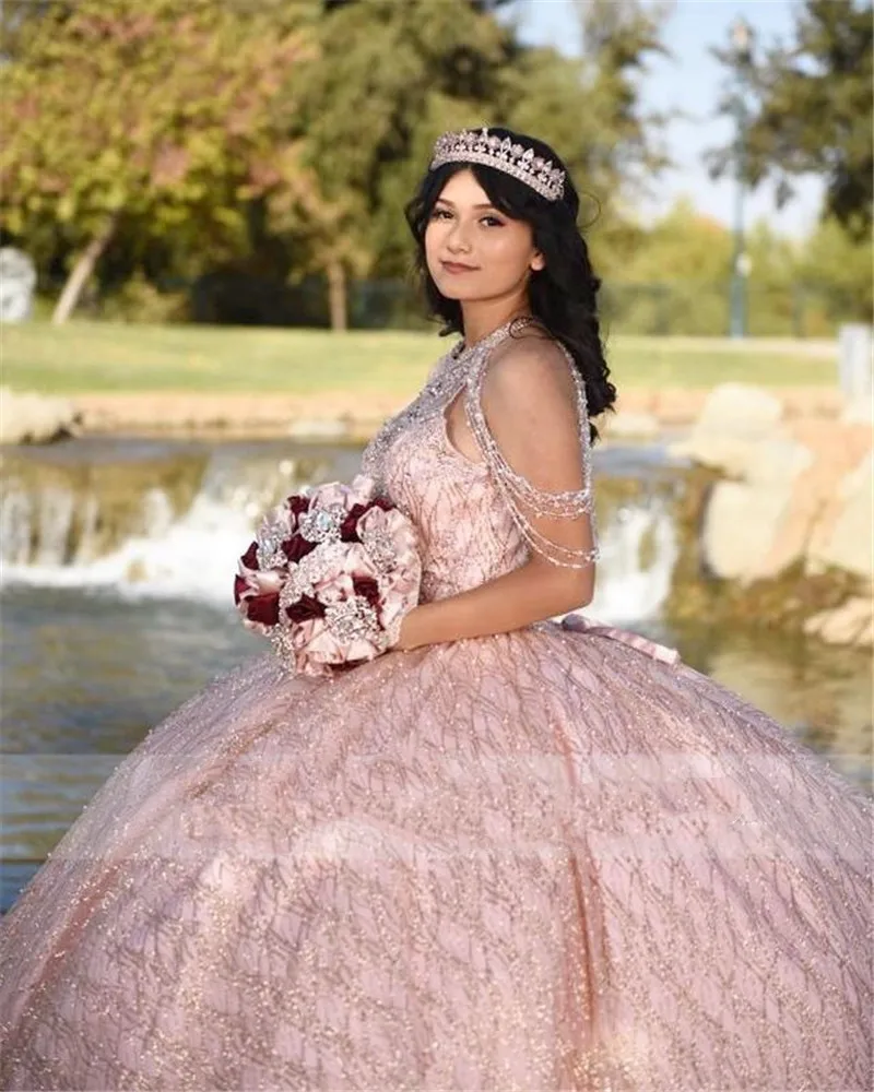 Rose Pink Shinny Sequined Ball Gown Quinceanera Dresses Beading Sweet 16 Dress Off the Shoulder vestidos de 15 años 2024