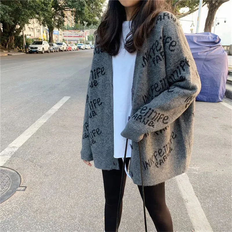 

V Neck Women Button Black Houndstooth Cardigan 2021 Long Sleeve Sweater Autumn Winter Knitted Loose Oversized Jumper Casual