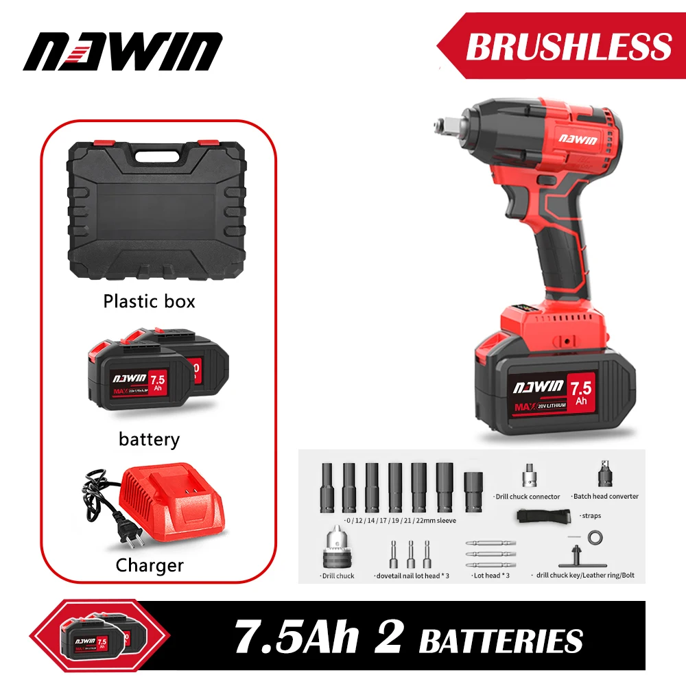 NAWIN Electric Impact Wrench 21V Brushless Wrench Socket Li-ion Battery Hand Drill Installation Power Tools Variable Speed