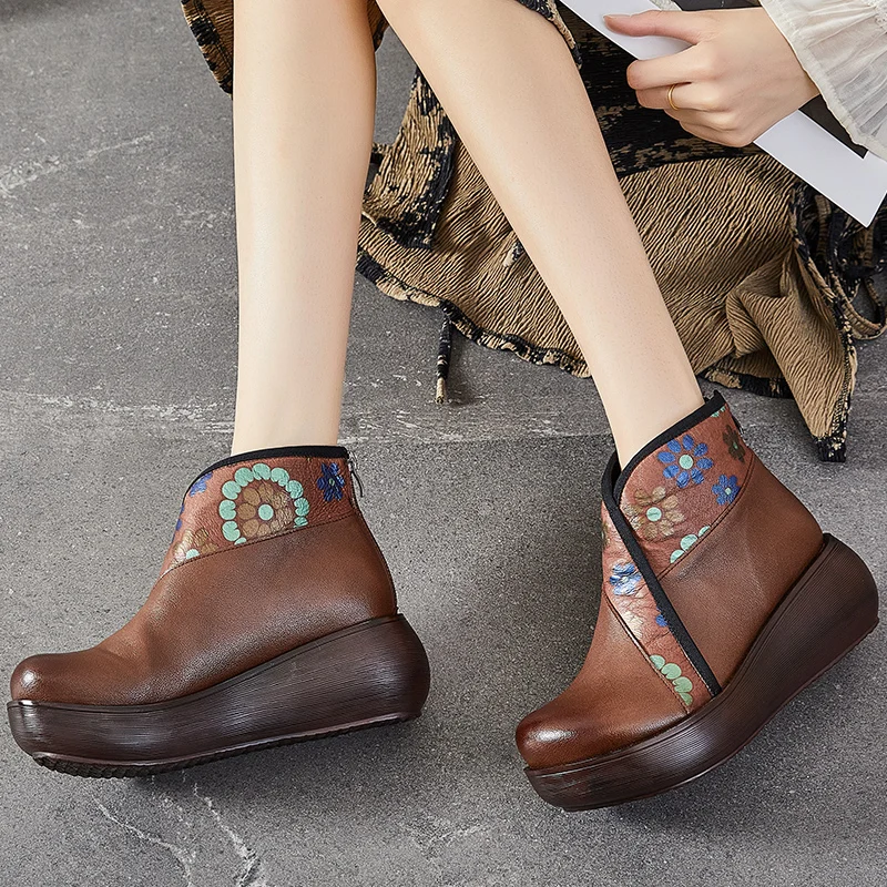 GKTINOO Autumn Winter Shoes Women Boots Genuine Leather Round Toe Retro Print Zip Sewing Handmade Concise Platform Boots