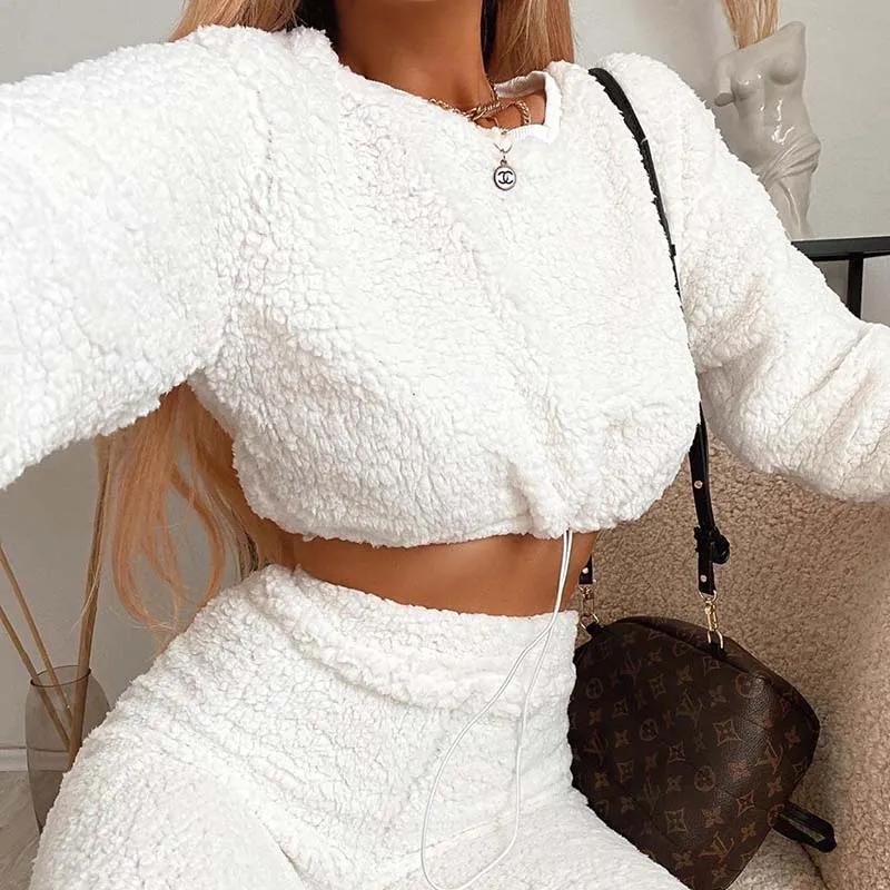 Casual Furry Crop Sweatshirt Top And High Waisted Joggers Women Pants Two Piece Set Tracksuit Women Outfits Autumn Winter Female