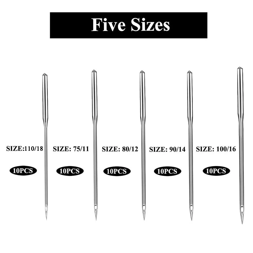 10Pcs Silver Sewing Machine Needles Ball Point Head 75/11 80/12 90/14 100/16 110/18 Jeans&General Home Steel Sewing Needles