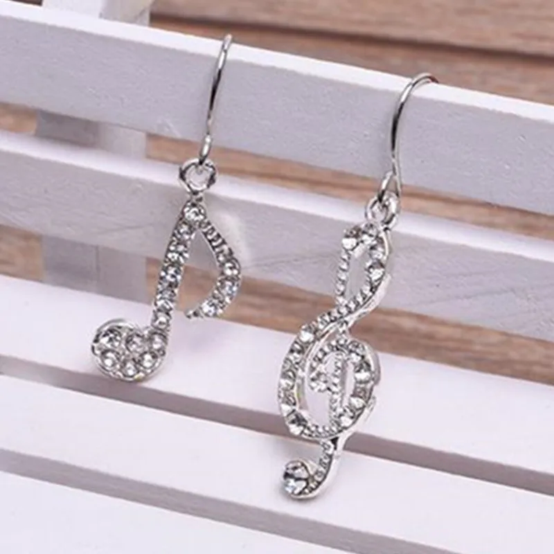 Fashion Romantic Elegent Drop Alloy Earrings Rhinestone Asymmetriy Musical Note Silver Color Earrings Women\'s Jewelry