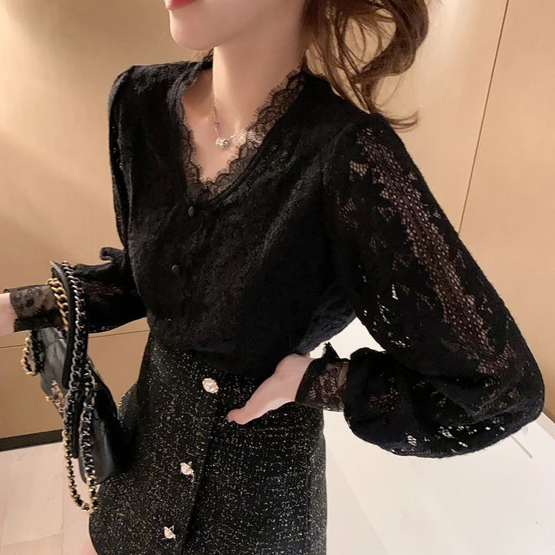 Elegant 4XL New Lace Blouse Women Korean Hollow Out V Neck Long Sleeve Shirt Ladies Spring Crochet Lace Solid Tops Blusa 13356