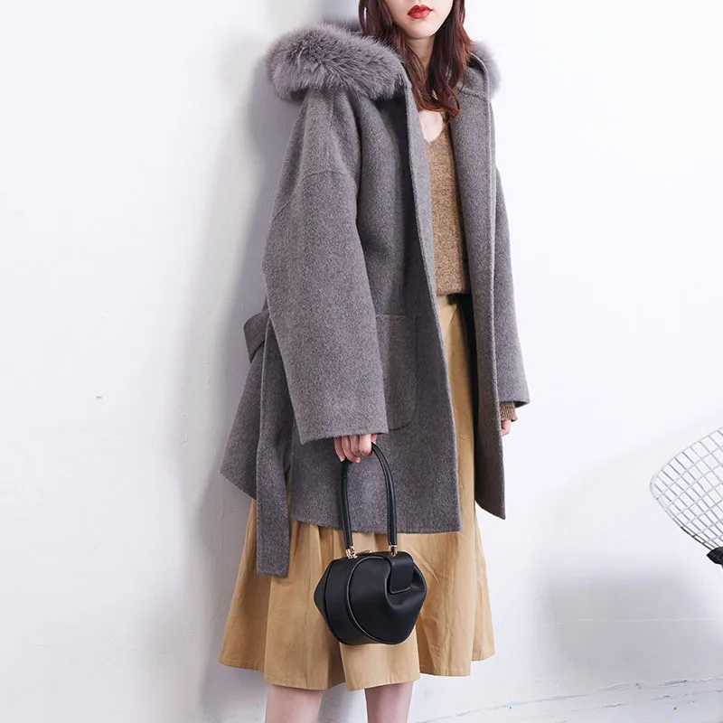 Woman Gray Coat With Real Fox Fur Hooded Trim Loose Warm Wool Blended Plus Size Coats Ladies Belt Jacket Oversize Outwear Female