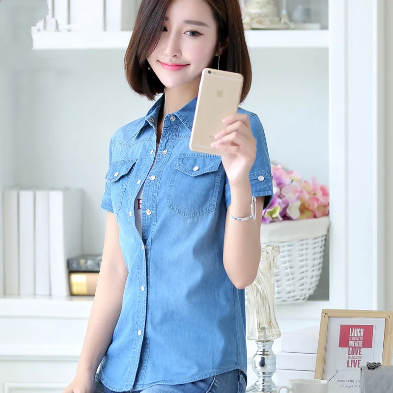 S-3XL Women Denim Shirt Summer New Fashion Casual Short-sleeve Buttons Slim Thin Tops Blouse Girl Student Cotton Shirts Female