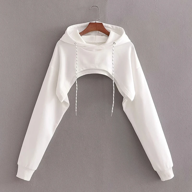 Za Women Summer New Sexy Fashion Super Short Hoodie Hiohop Drawstring Long Sleeves Open Chest Easy Tops Ropa Mujer Clothes