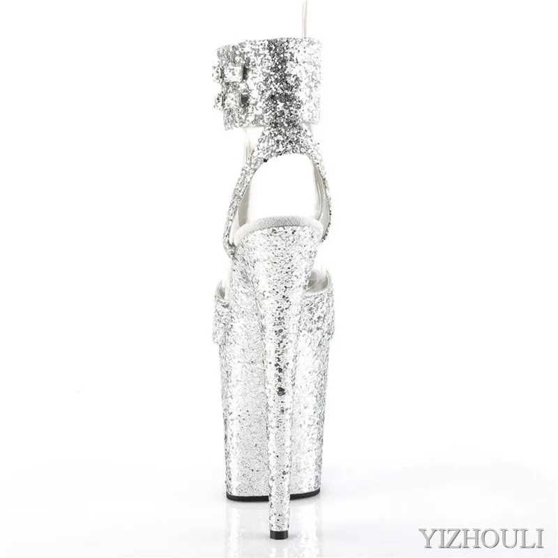 White sequins 20cm sexy high-heel glitter upper, 8in, ankle strap buckle, summer club pole dancing sandals