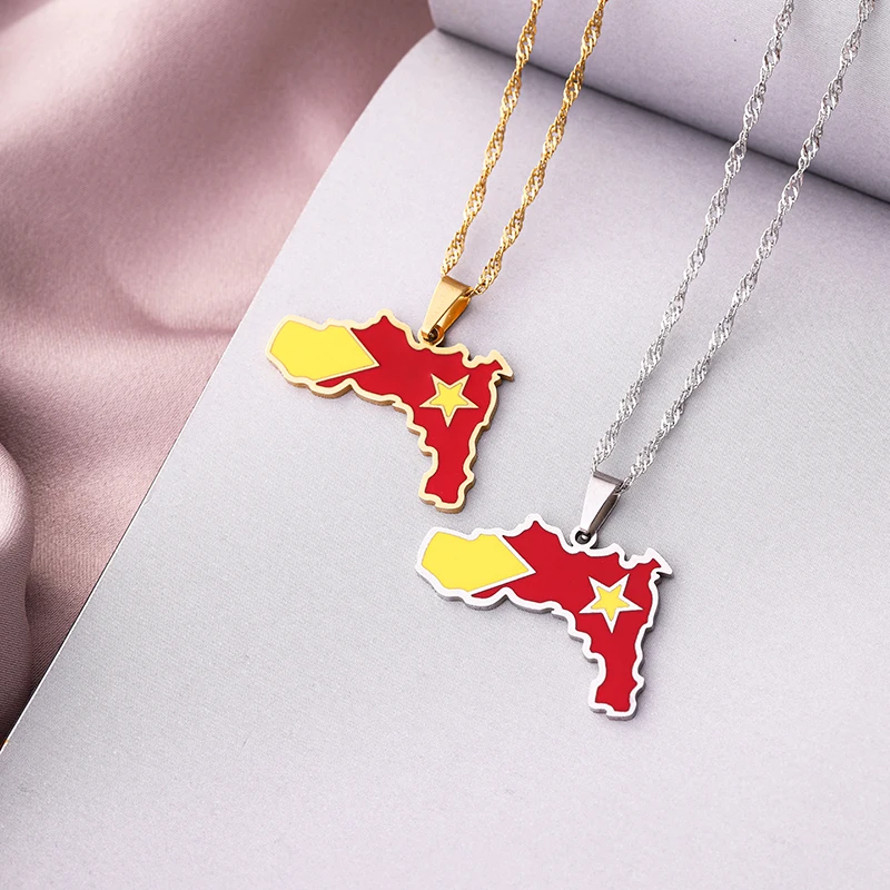 SONYA Ethnic Ethiopia Tigray Region Map Flag Pendant Necklaces Silver Color/Gold Color Stainless Steel Jewelry for Women Girls