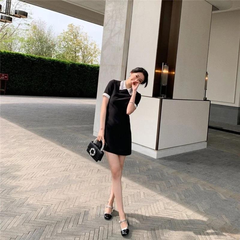 French Elegant Style Classic Black Dress Women Summer Slim Fit Short Sleeve Crystal Turn-Down Collar Office Ladies Mini Dress