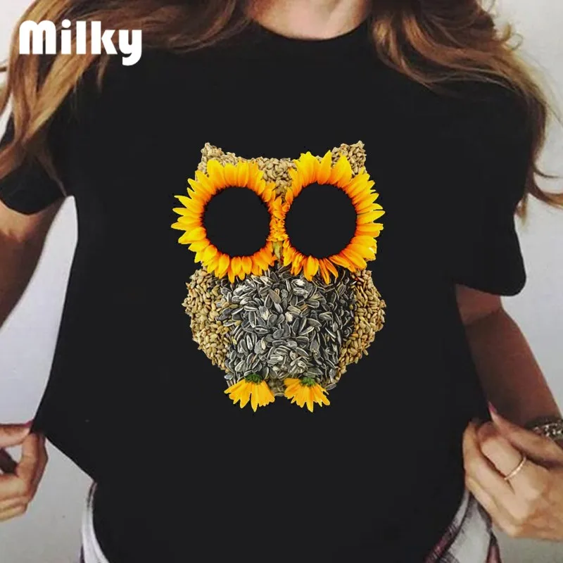 

Summer Women's Sunflower Owl Aesthetic T-shirt Fashion Short Sleeved Soft Black T-shirts Women Black Top ART Prints Tshirt