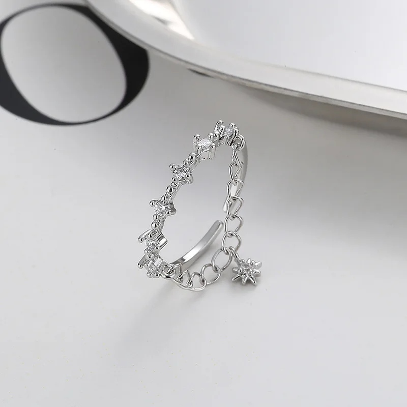 CIAXY Silver Color Double-layer Chain Rings for Women Charming Zircon Star Open Ring Luxury Jewelry Anillos Mujer