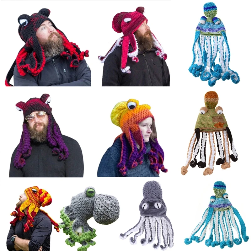 Adult Unisex Halloween Hand Weave Knitted Beanie Hat Funny Gradient Cartoon Octopus Long Tentacle Eyes Skull Cap Cosplay