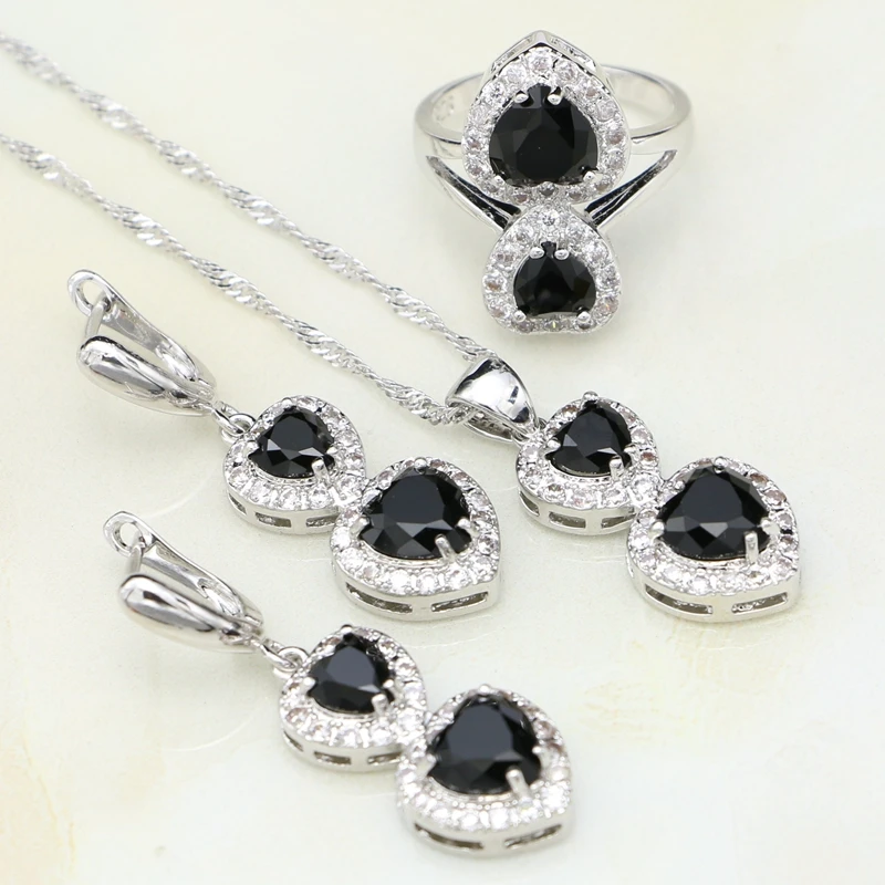 

925 Silver Punk Jewelry Sets For Women Party Decoration Black Cubic Zirconia Heart Shape Drop Earrings/Pendant/Necklace/Ring