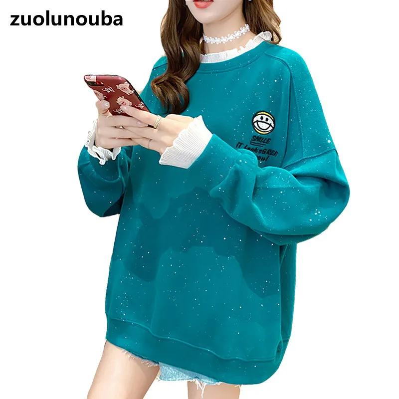 2020 Autumn Fake Two-piece Women Pullover Round Neck Lace Stitching Letter Embroidery Loose Casual All-match Ladies Sweatshirt