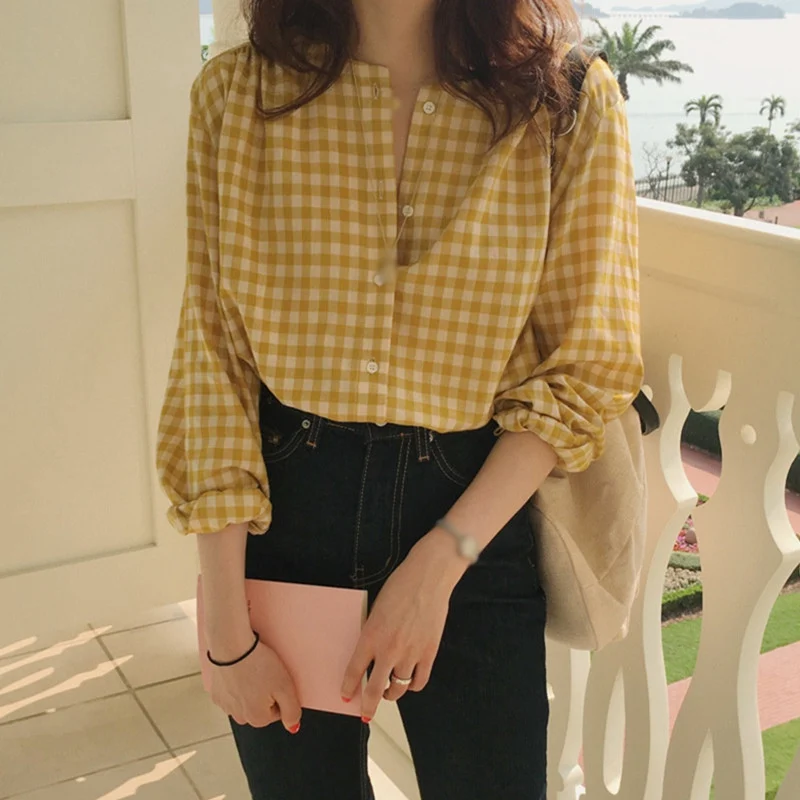 Women Plaid Tops and Blouses Long Sleeve Sweet Shirts Ladies O Neck Loose Casual Korean Style Shirts Blusas femininas