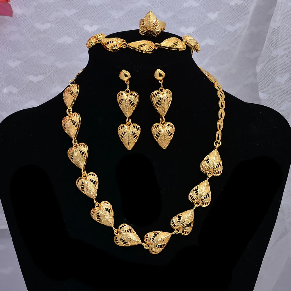 

Dubai Jewelry Set Gold Color 24k Jewelry Set For Women African Bridal Wedding Gifts Party Necklace Heart Earrings Ring Bracelet