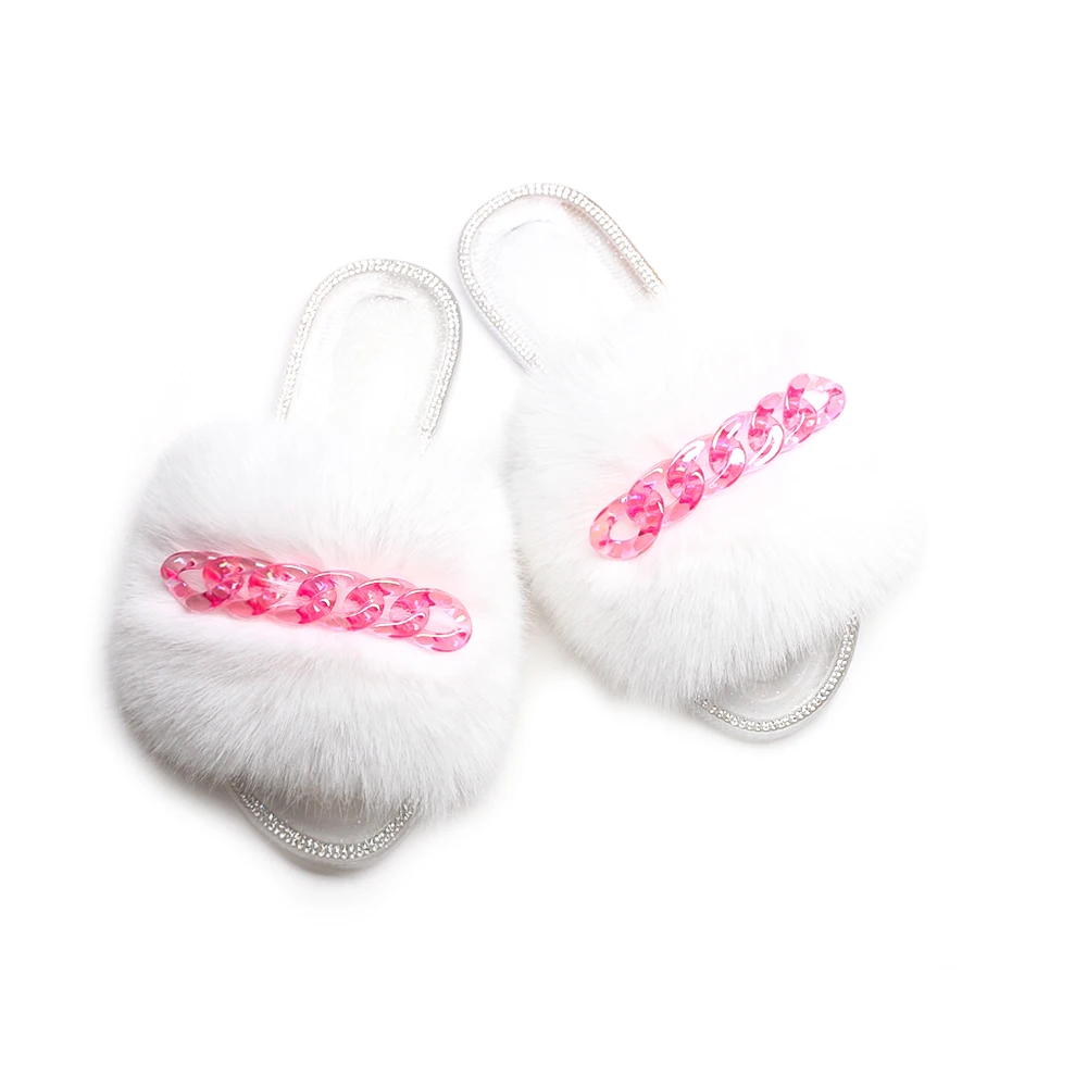 Fluffy Slippers Fur Slides Candy Color Transparent Chain Flip Flops Crystal Flat Slippers Women Sandals Summer 2021 Female Shoes