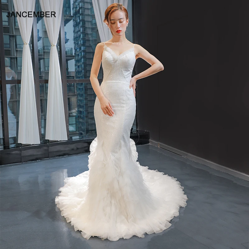 

J66925 jancember mermaid wedding dress lace thin shoulder strap lace up floor-length beads elegant bridal dress 2020 abito sposa