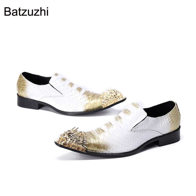 

Batzuzhi Men Shoes Italian Style Golden Steel Toe Leather Dress Shoes Men Slip on White Business, Party and Wedding Shoes Male