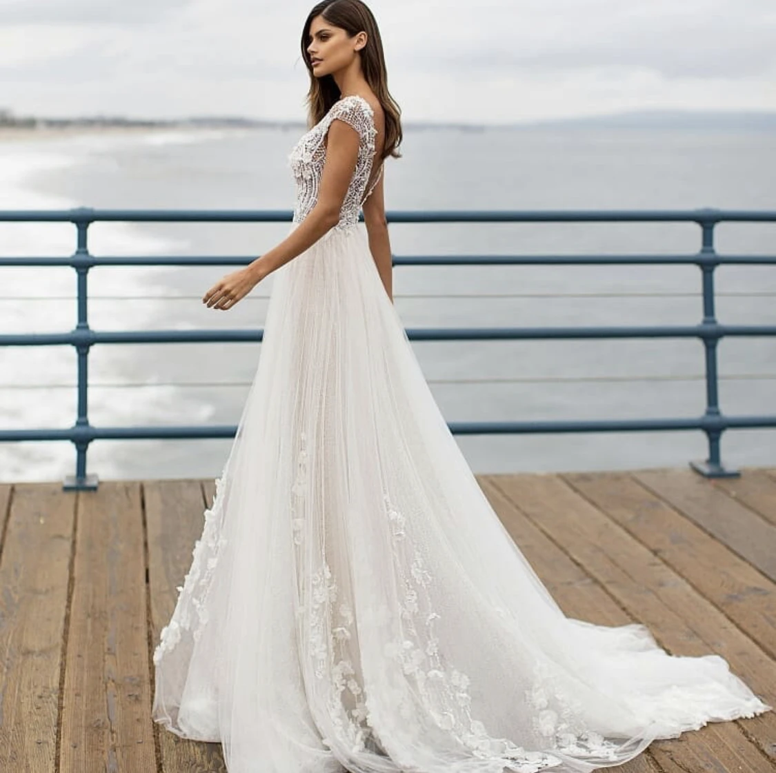 Vestido de casamento a linha o-pescoço boné manga rendas apliques lantejoulas contas sem costas tule andar comprimento varredura trem vestido de noiva novo